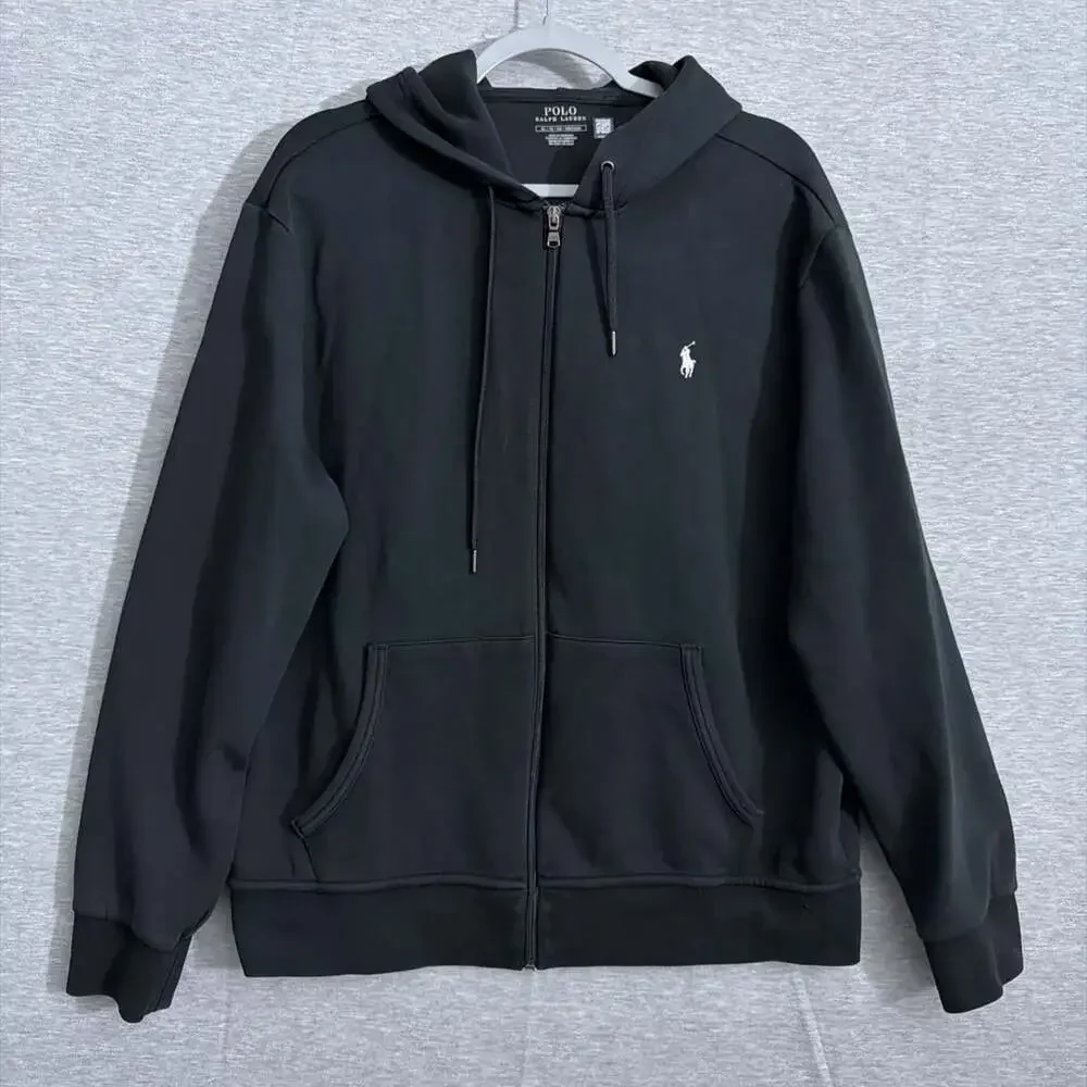 Polo Ralph Lauren Men's XL Black Double Knit Full Zip Hoodie Jacket With Pockets